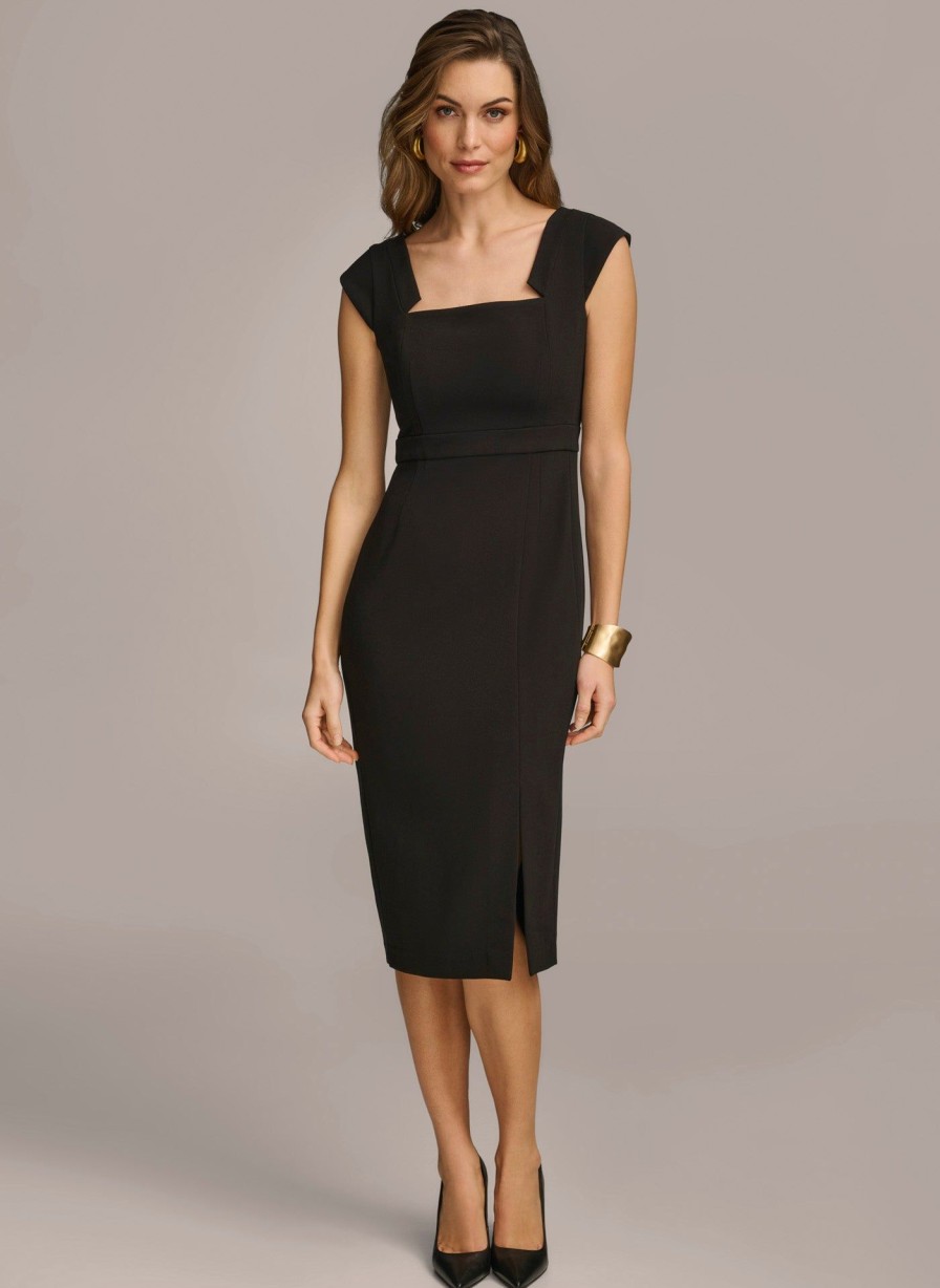 Donna Karan Cap Sleeve Square Neck Sheath With Slit Dresses And Jumpsuits