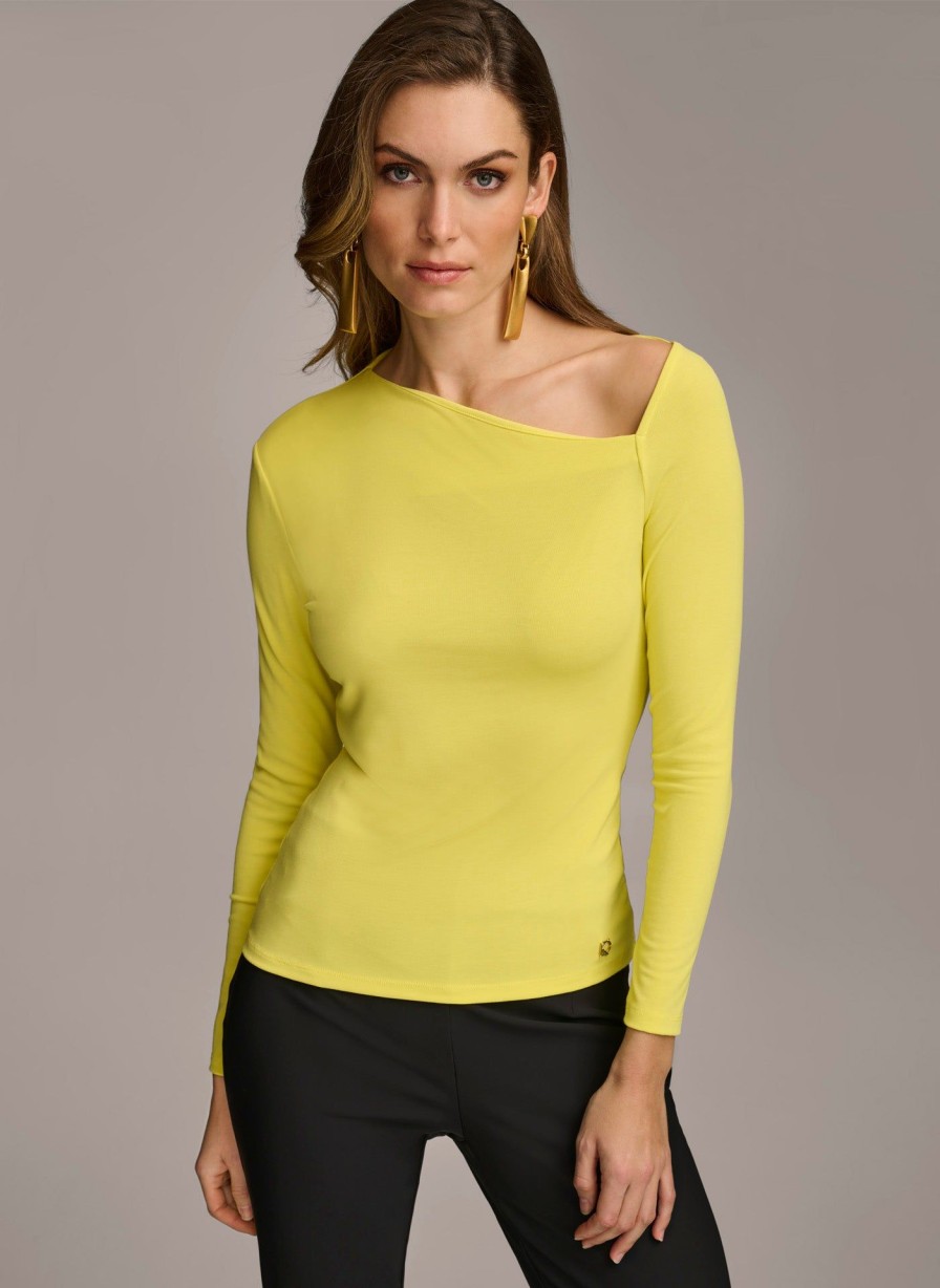 Donna Karan Asymmetrical Neckline Fitted Top Sweaters And Tops