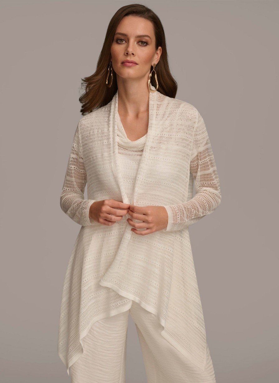 Donna Karan Pointell Stitch Drape Cardigan Sweaters And Tops